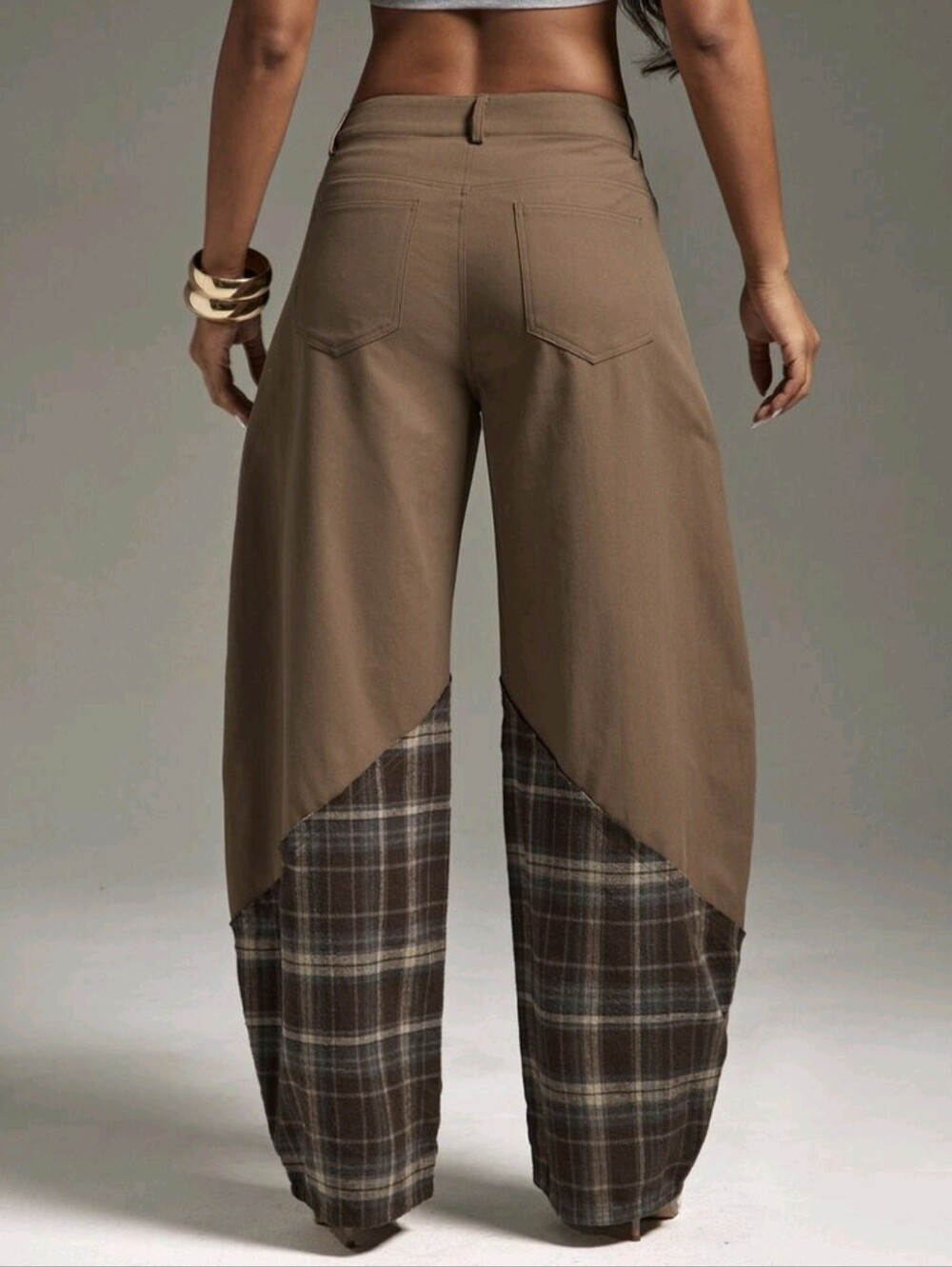 Plaid Detail Patchwork Wide Leg Pants Fashionable Bottoms Outfits Streetwear - Picture 5 of 5